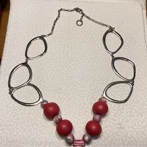 Redish-Pink Polymer Clay Beads Necklace with Silvertone Loops and Chain